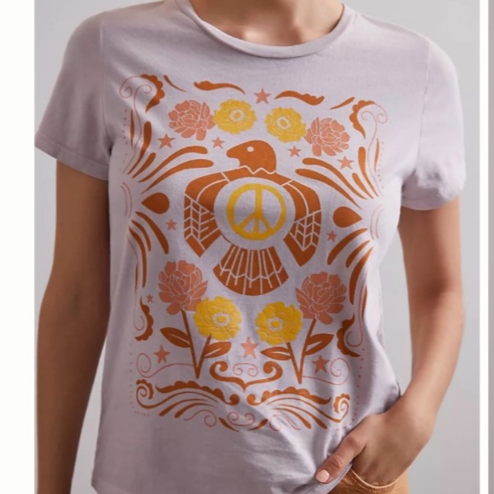 Graphic Print Anthropology T-Shirt - Light Purple and Orange. Size medium Length - Picture 2 of 6